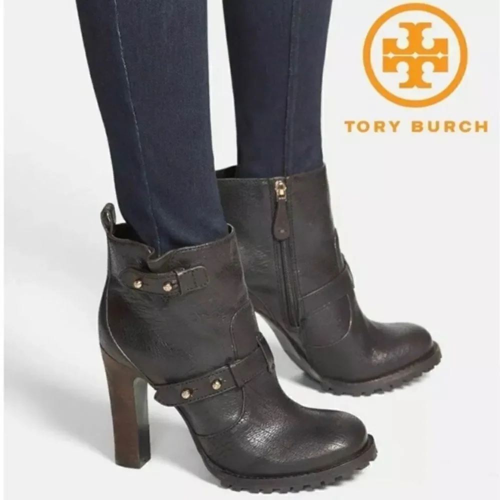 Tory Burch Landers Moto Leather Ankle Boots Bootie Black Gold Stud Size 10.5